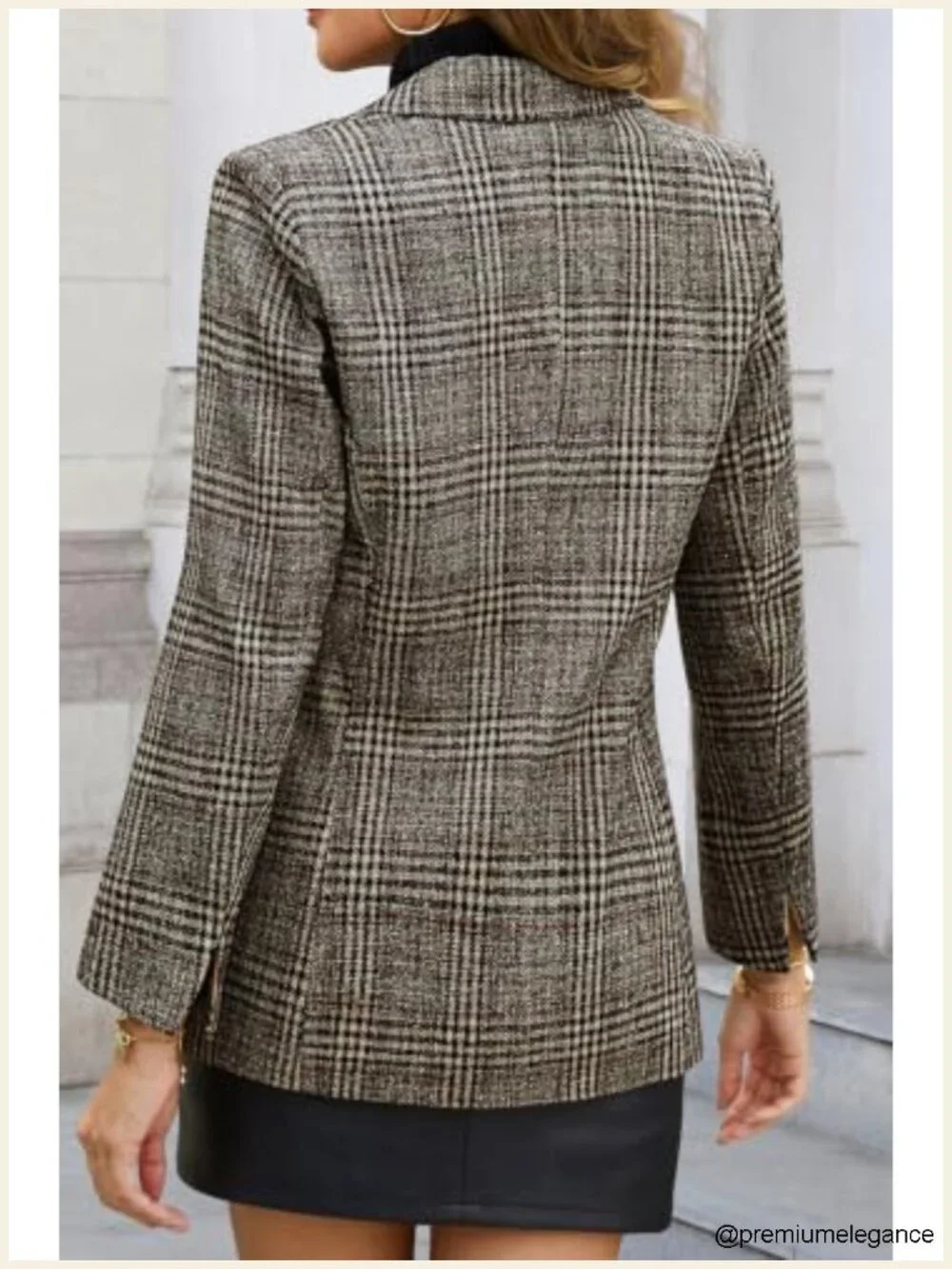 Women's Longline Double-Breasted Plaid Tweed Blazer Notch Collar Machine